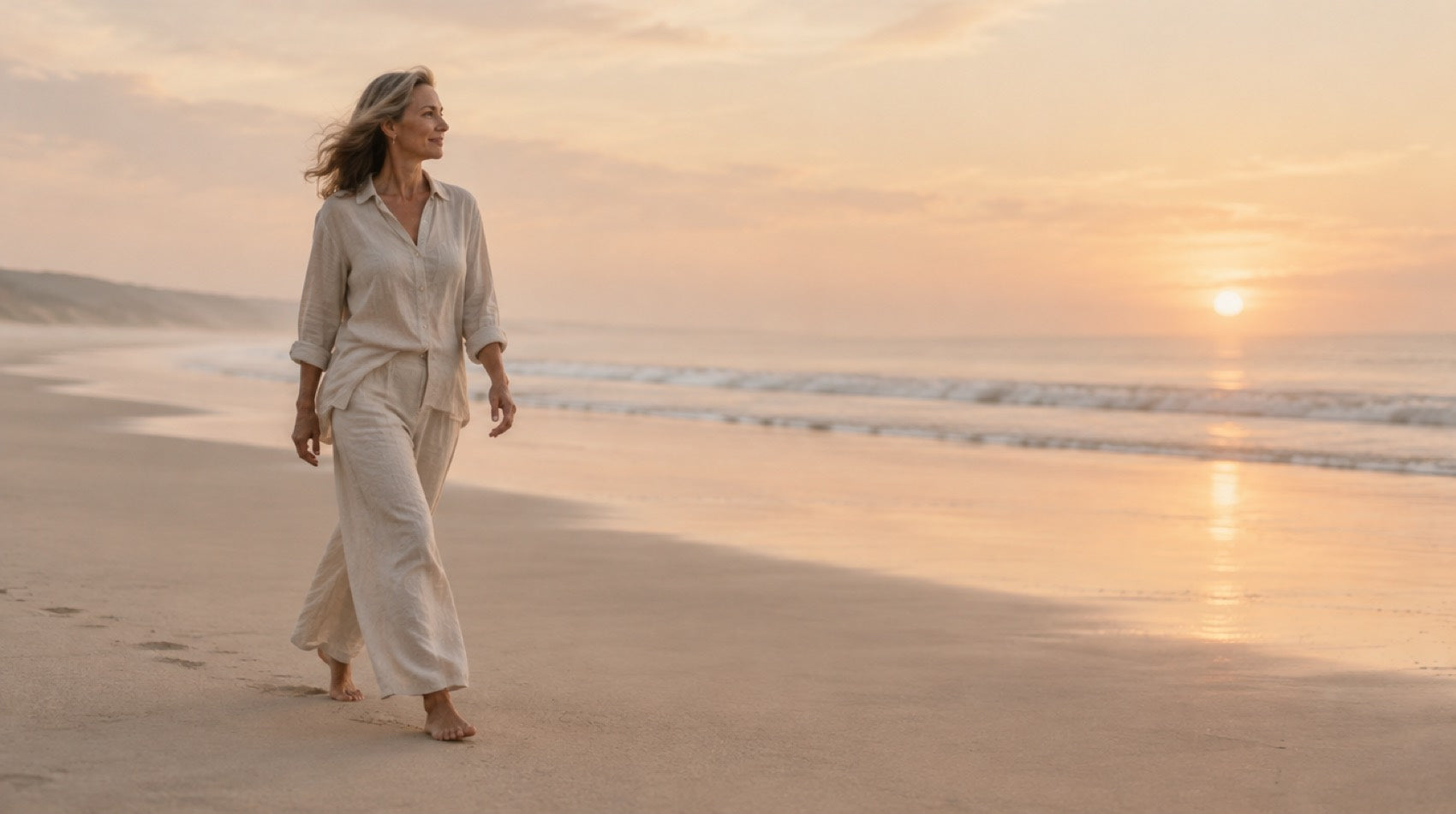 Una donna cammina a piedi nudi su una spiaggia all’alba.
