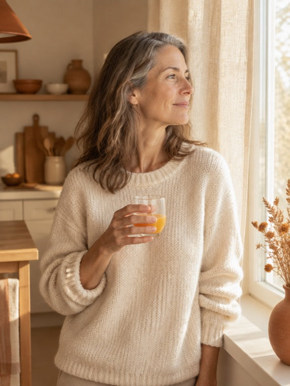 Una donna beve il suo drink mattutino vicino a una finestra